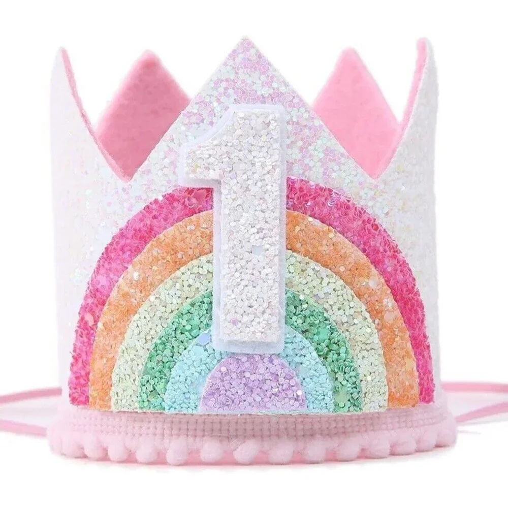 Baby Girl 1st First Birthday Felt Rainbow Glitter Crown Princess Unicorn Party